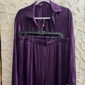 Purple Pleated Two-Piece Pant Set